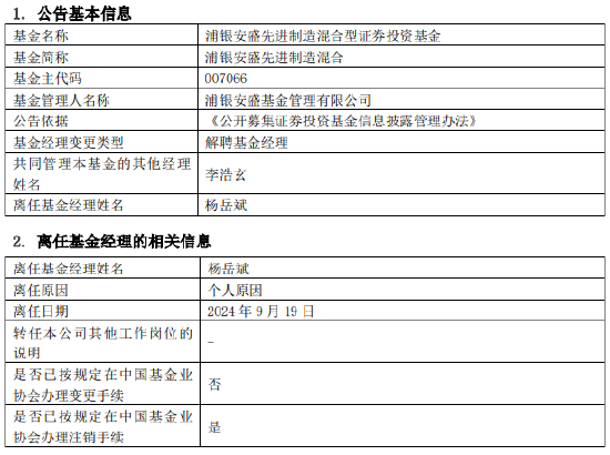 官宣！浦银安盛基金经理杨岳斌离任